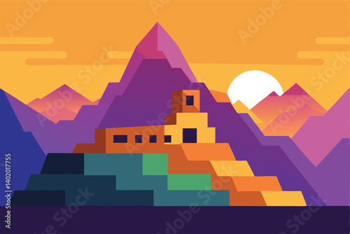 Machu Picchu at sunrise with colorful fog vector illustration