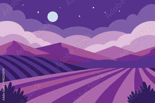 Lavender fields under twilight sky vector illustration