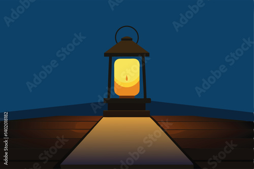 Lantern glowing softly on wooden deck vector illustration