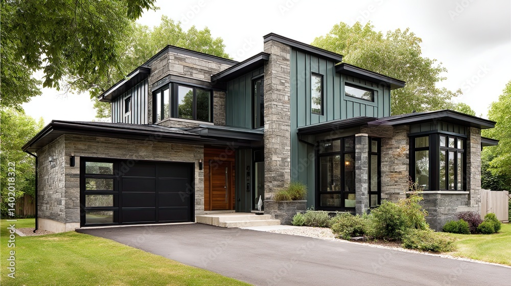 A contemporary two-story home with a muted green shingle roof and gray stone walls A contemporary two-story home with a muted green shingle roof and gray stone walls