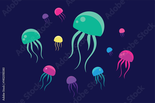 Jellyfish swarm glowing in bioluminescent colors vector illustration