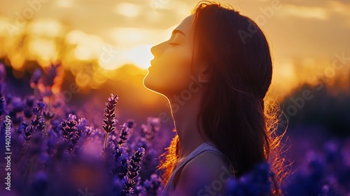 Profile of a woman in a lavender field, basking in the golden sunset glow.