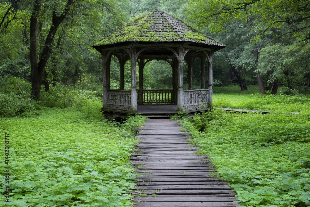 Wooden walkway leading to mossy gazebo in lush green forest Wooden walkway leading to mossy gazebo in lush green forest