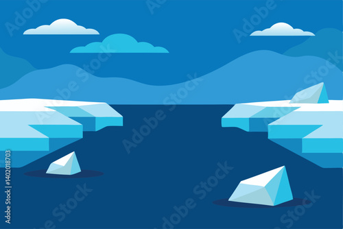 Icy northern coastline with drifting icebergs vector illustration