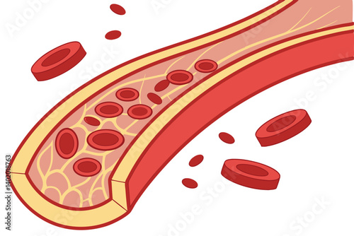 28 Medical illustration, cross-section of blood vessels, red blood cells, cholesterol buildup, arterial plaque, circulatory system, atherosclerosis progression, scientific diagram, detailed anatomy, c