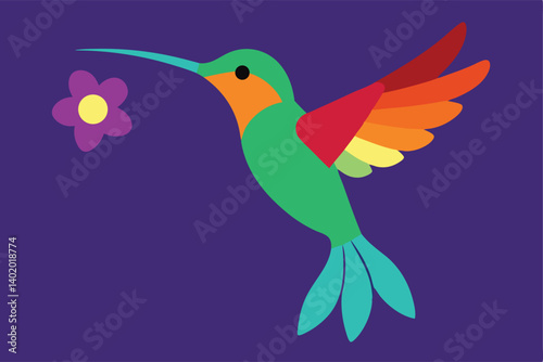 Hummingbird drinking nectar from vivid flower vector illustration