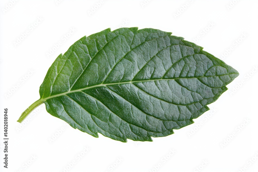 Obraz premium Single green leaf close view isolated on white background
