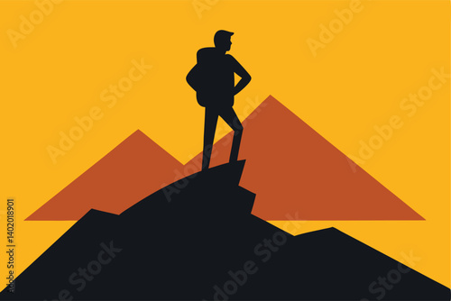 Hiker silhouette standing on mountain peak vector illustration
