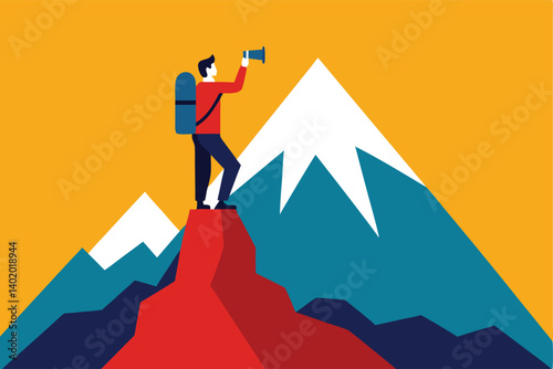 Hiker on mountain peak taking photo vector illustration