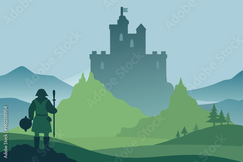 Highland castle with bagpiper in misty field vector illustration