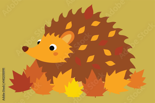 Hedgehog in leaf pile during fall vector illustration