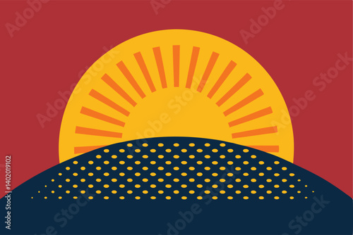 Halftone sun rising over graphic hill vector illustration