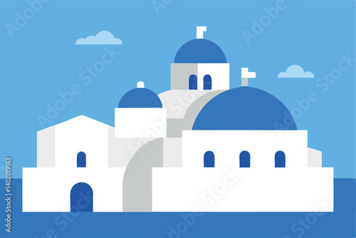 Greek island with white buildings and blue dome roofs vector illustration