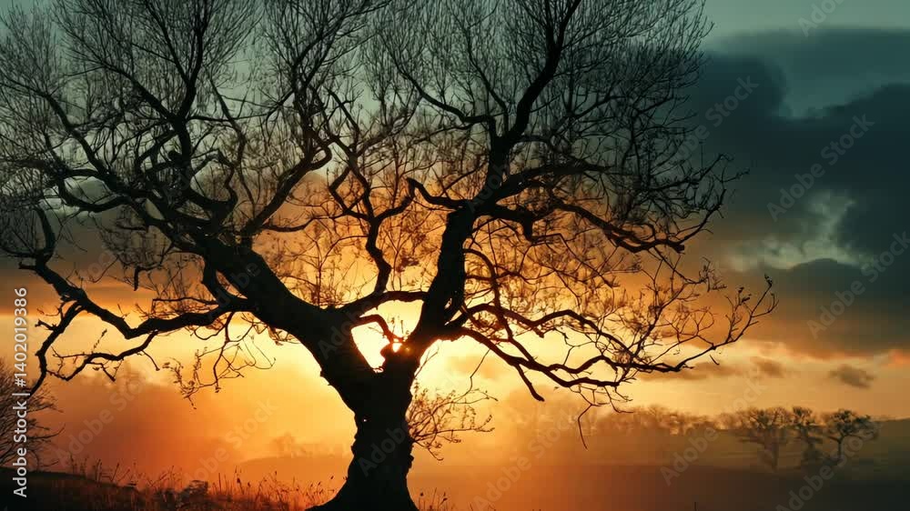 Silhouette of tree at sunset, misty field Silhouette of tree at sunset, misty field