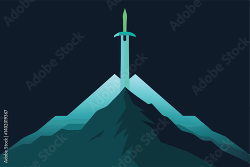Glowing sword stuck in mountain peak vector illustration