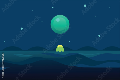 Glowing plankton under moonlit ocean surface vector illustration