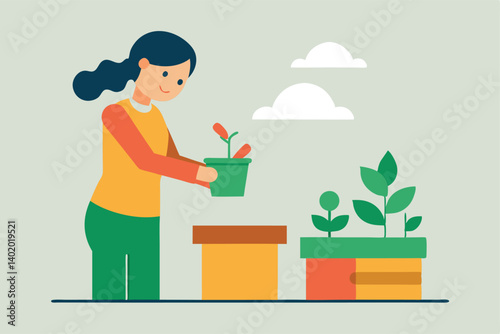 Girl watering plants on balcony garden vector illustration