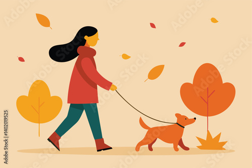 Girl walking dog during quiet autumn morning vector illustration