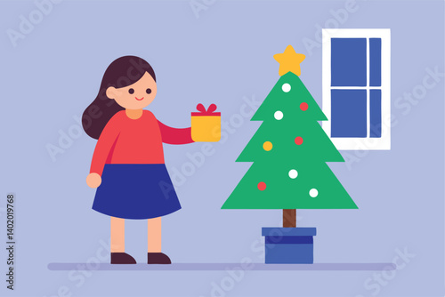 Girl decorating small Christmas tree in room vector illustration