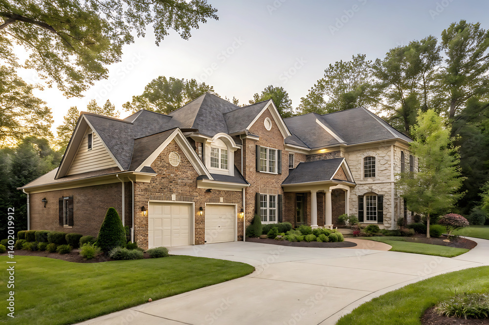 Modern Villa Exterior In Summer Luxury house exterior with brick and siding trim Modern Villa Exterior In Summer Luxury house exterior with brick and siding trim