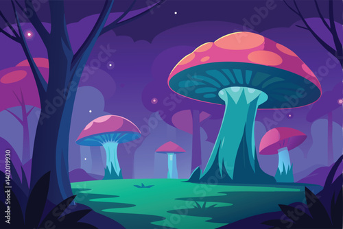 Giant mushrooms in glowing fantasy forest vector illustration