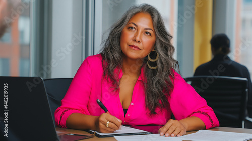 Mature Aboriginal Woman with Gray Hair in Pink Blazer – Ideal for Business & Cultural Branding