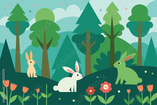 Forest clearing with rabbits and wildflowers vector illustration