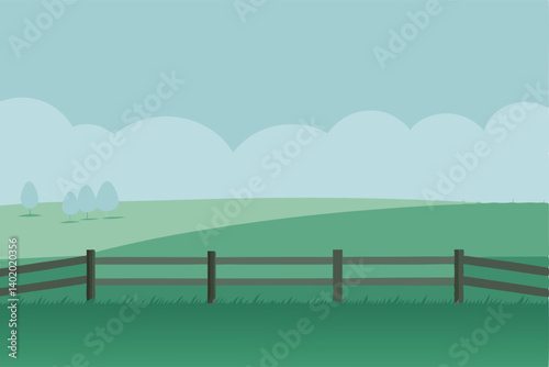 Foggy field with fence and morning dew vector illustration