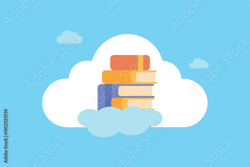 Floating library in clouds with flying books vector illustration