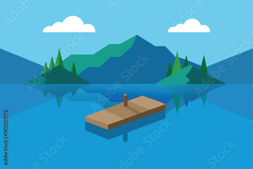 Floating dock in the middle of a dream lake vector illustration