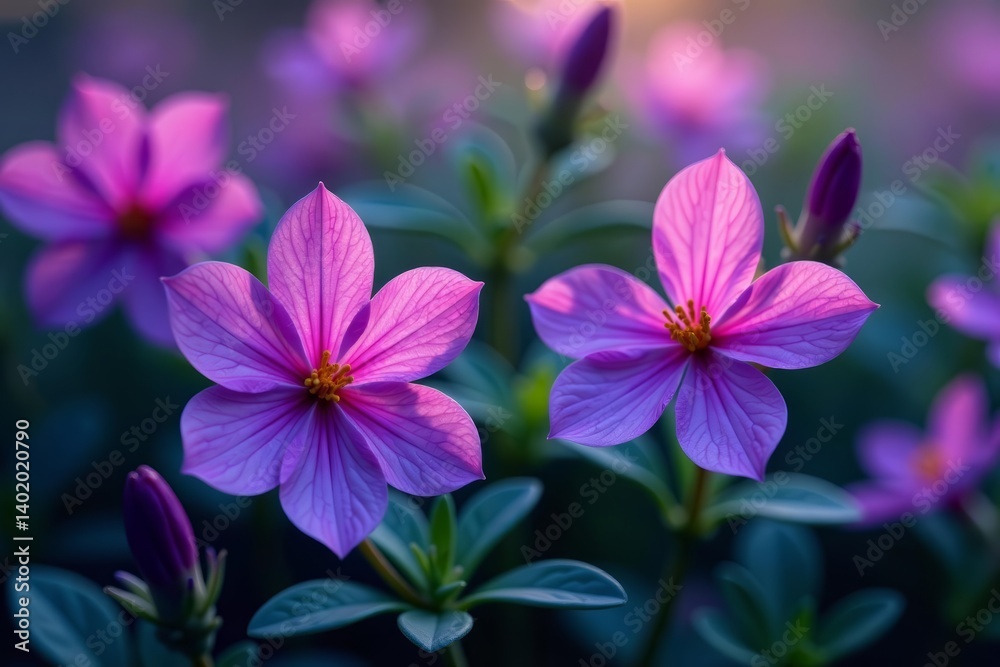 Close-up of purple flowers and leaves in a generative ai design, vibrant, digital art Close-up of purple flowers and leaves in a generative ai design, vibrant, digital art