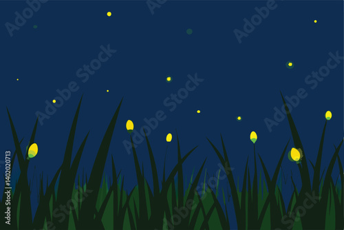 Fireflies hovering over long grass field vector illustration