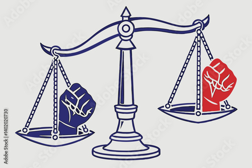 29 balance scale, justice, equality, blue and red hands, opposing forces, political divide, symmetry, contrast, metaphor, conceptual illustration, minimalist design, gray background, tension, decision