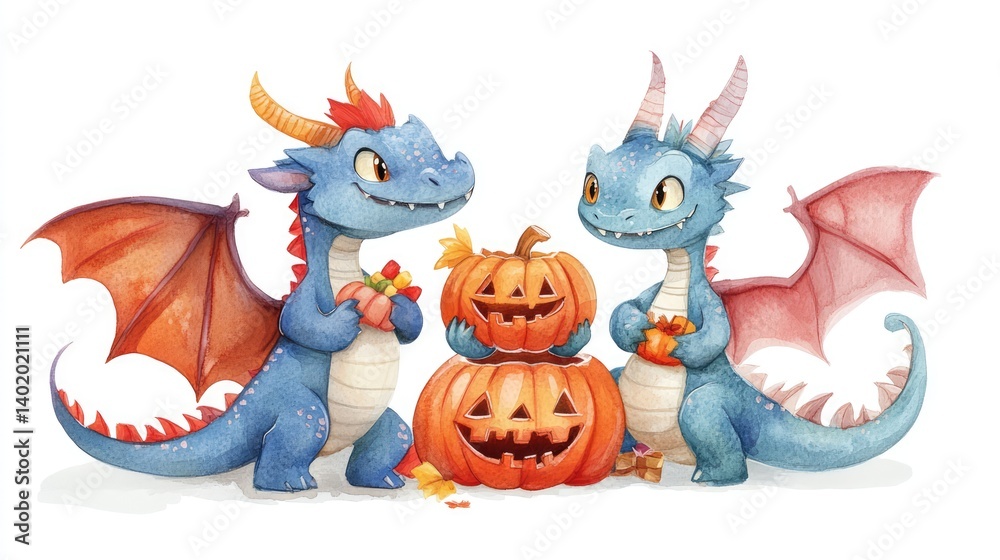 Naklejka premium Two Colorful Dragons Celebrating Halloween with Pumpkins and Treats Watercolor