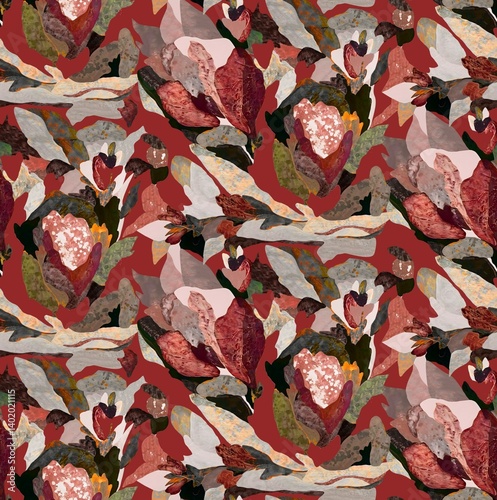 Abstract floral seamless pattern creative all-over digital design new creation art design leaves background fabric print design Red background stock design 