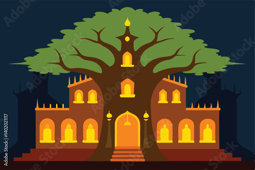 Enormous tree used as palace with glowing windows vector illustration