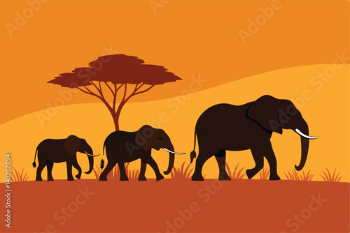 Elephant family walking across dusty savanna vector illustration