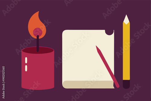 Drawing in sketchbook beside candle vector illustration