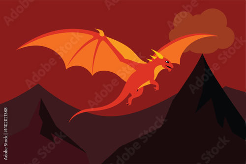 Dragon flying over volcanic mountains vector illustration