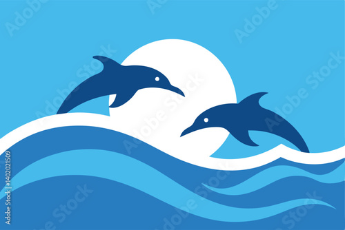 Dolphins playing in ocean waves under bright sky vector illustration