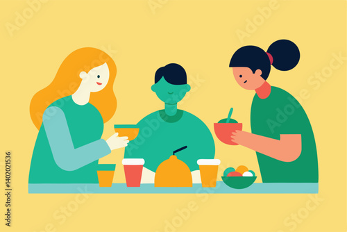 Doing crafts at sunny kitchen table vector illustration