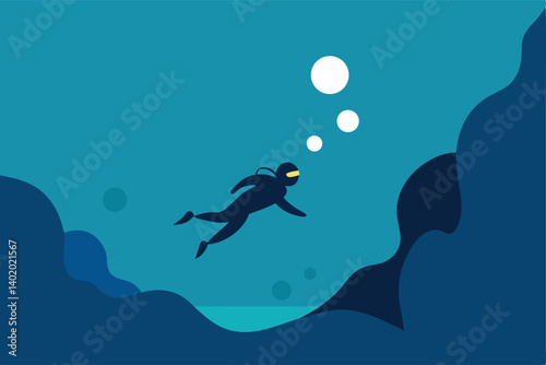 Diver swimming through underwater cave with bubbles vector illustration