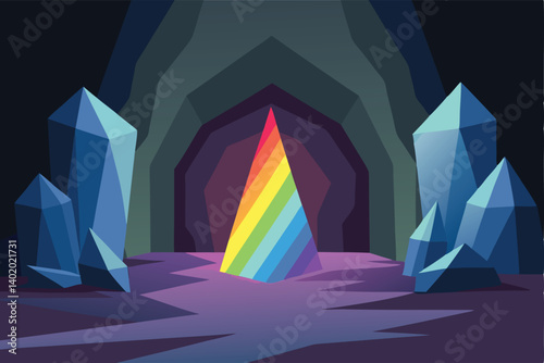 Crystal cave glowing with rainbow light vector illustration