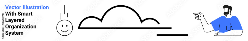 Man in blue shirt pointing at abstract cloud, happy face, and horizontal lines. Ideal for mindfulness, organization, teamwork, idea presentation, technology concepts, education flat landing page Man in blue shirt pointing at abstract cloud, happy face, and horizontal lines. Ideal for mindfulness, organization, teamwork, idea presentation, technology concepts, education flat landing page