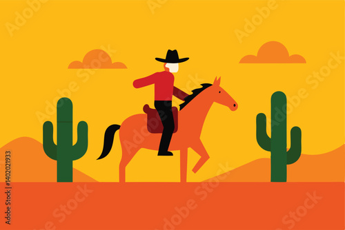 Cowboy riding horse in desert with cacti vector illustration