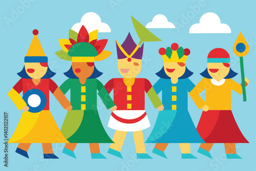 Colorful festival parade with traditional costumes vector illustration