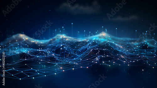 A mesmerizing digital landscape of interconnected nodes, glowing softly in a deep blue twilight, creating a sense of boundless connection and potential.