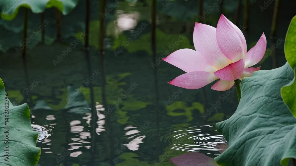 Close-up video shot of a pink lotus flower with a serene pond background, capturing the tranquility and elegance of nature from a low angle.