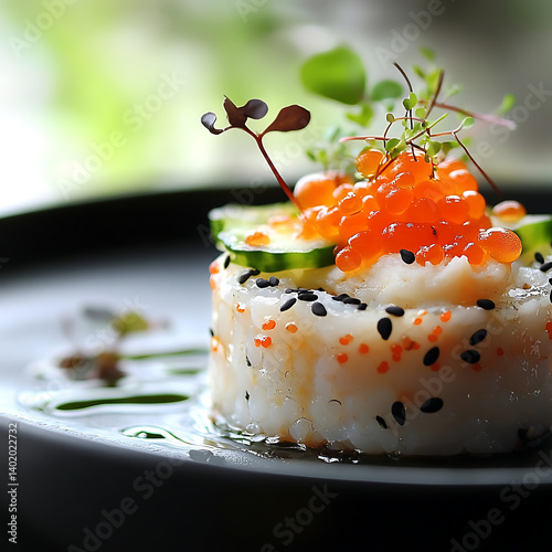 Sushi Roll with Fish Roe, Spicy Sauce, and Microgreens,Sushi Roll with Fish Roe and Spicy Sauce Topped with Microgreens,elaborate Sushi Rolls with Tobiko,uramaki Sushi Rolls with Tobiko,Japonese Sushi