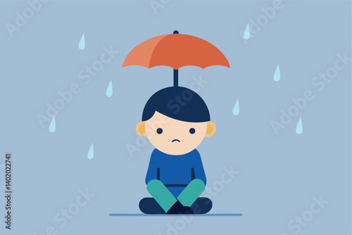 boy sitting alone under rain with umbrella vector illustration